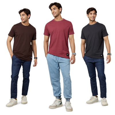 Men's ARMOR Crew Neck T-shirt 3 PC PACK Red-Brown-Charcoal